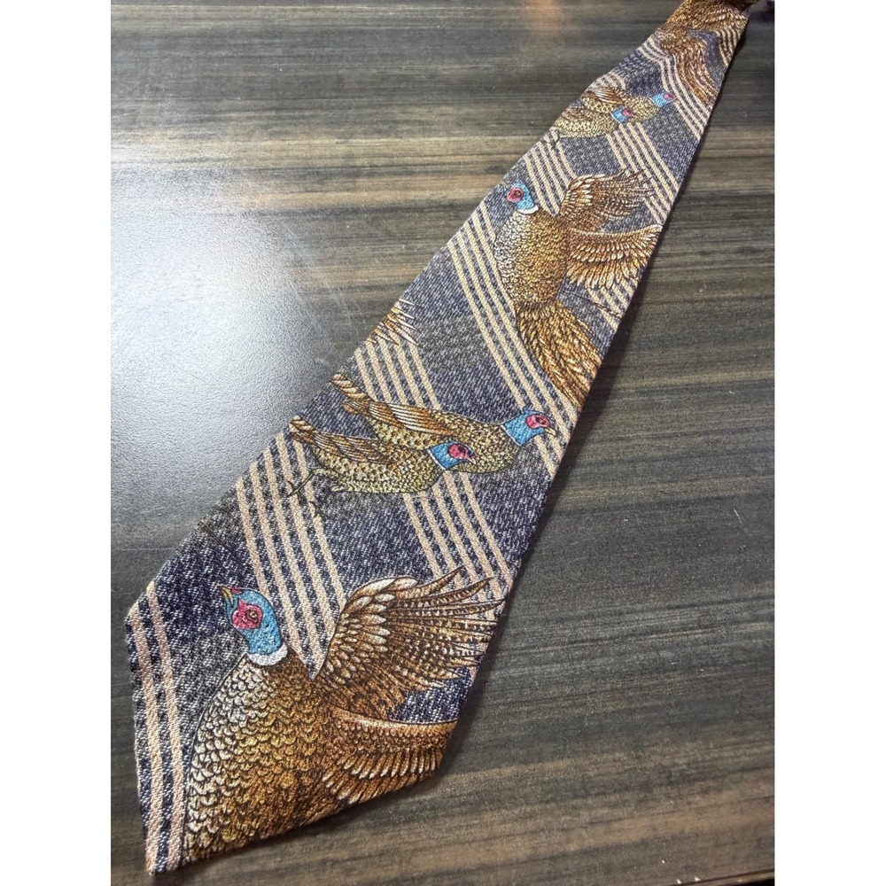 Field & Stream Mens Silk Tie Blue Tan Striped Pheasant Bird Hunting Hand Made
